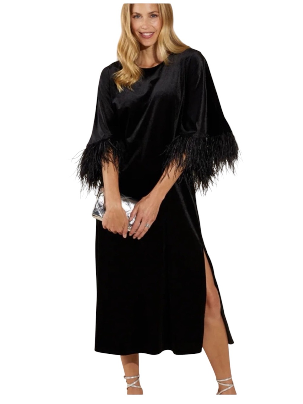 NWT Jude Connally Franca Black Stretch Velvet Feather Cuff Dress L $288